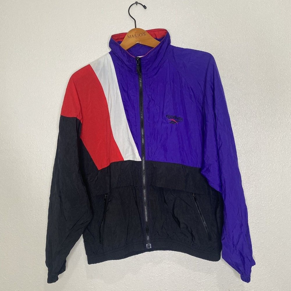 Vtg 90s Reebok Color Block Windbreaker Jacket Purple Black Red M Y2K